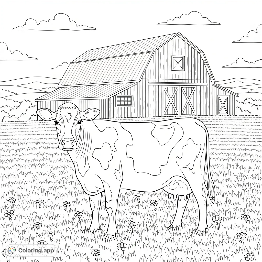 A friendly cow stands in a detailed pasture with a rustic barn and rolling hills in the background, offering a charming farm scene to color and personalize.