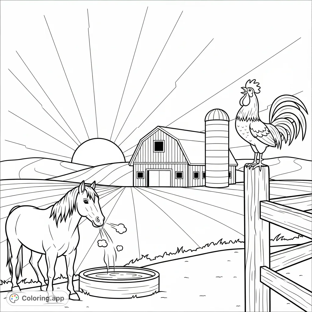 Capture the peaceful awakening of a farm with a grand barn, silo, horse, and crowing rooster. A delightful free printable farm coloring page.