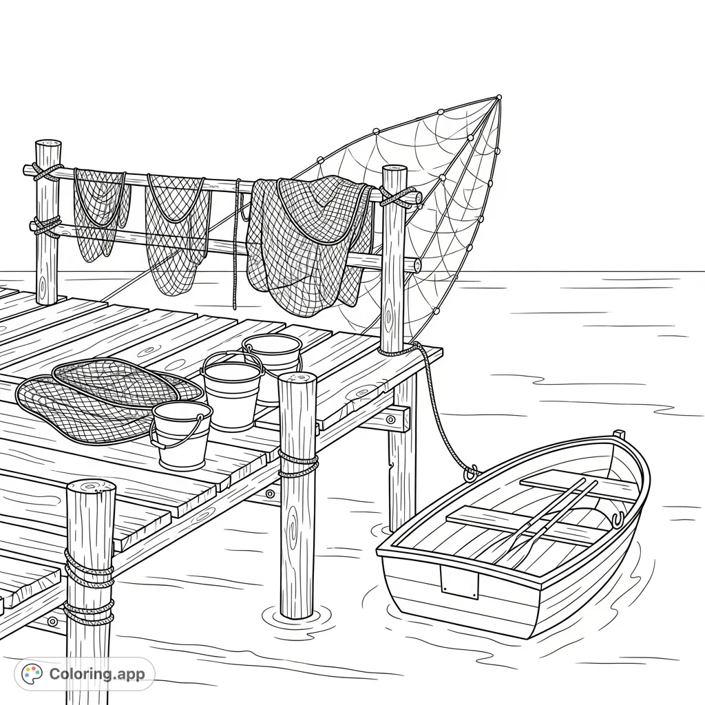 Capture the calm of a fishing pier with this detailed coloring page. Features a wooden pier, fishing nets, buckets, and a small moored rowboat.