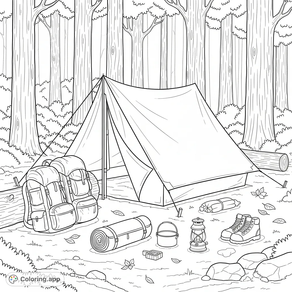 A detailed coloring page depicting a serene forest campsite with a pitched tarp shelter, neatly arranged backpacks, and various outdoor gear on the ground among trees.