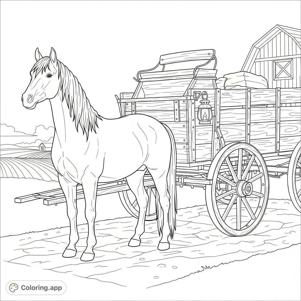 A charming coloring page featuring a majestic horse standing beside a rustic wooden wagon, set against a backdrop of fields and a barn.
