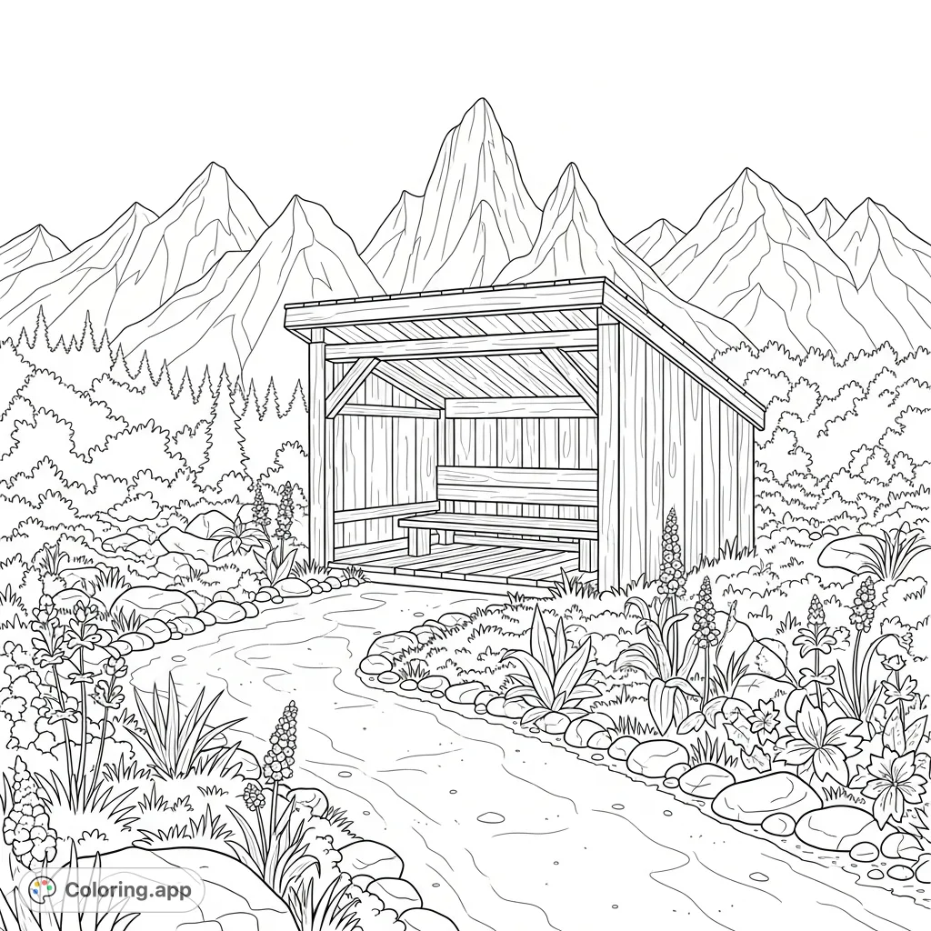 Color a tranquil hiking shelter nestled on a winding trail with majestic mountains towering in the background, inviting wilderness exploration.