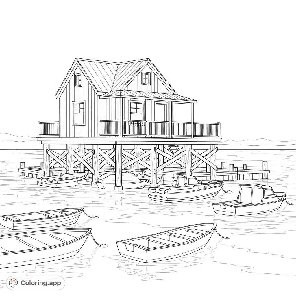 A detailed coloring page featuring a charming rustic pier cottage on stilts, with several small boats floating calmly below on a serene body of water.