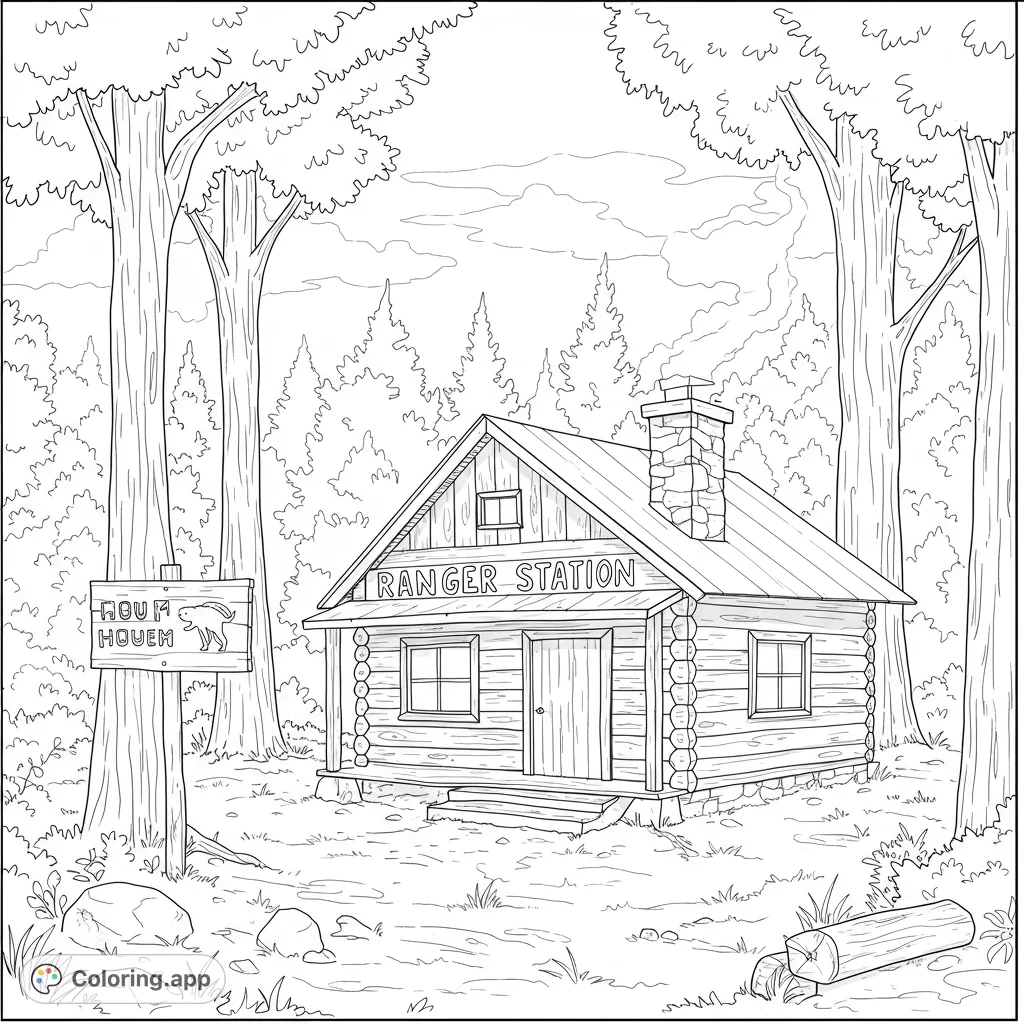 Explore a charming rustic ranger station nestled in a serene forest. A detailed nature scene perfect for a relaxing coloring adventure.