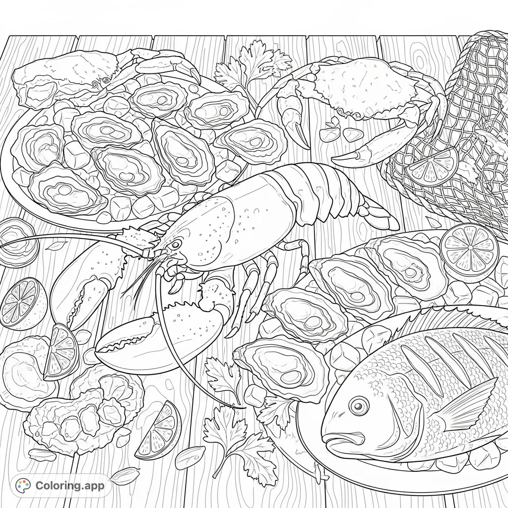 A detailed rustic wooden table laden with a generous seafood feast, featuring a cracked lobster, oysters on ice, crab legs, and grilled fish.