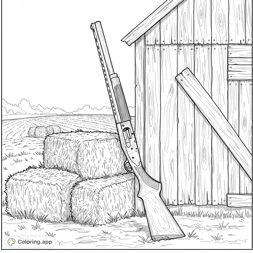 A rustic scene featuring a shotgun leaning on a barn, with hay bales and fields. A free printable farm coloring page for adults and kids.