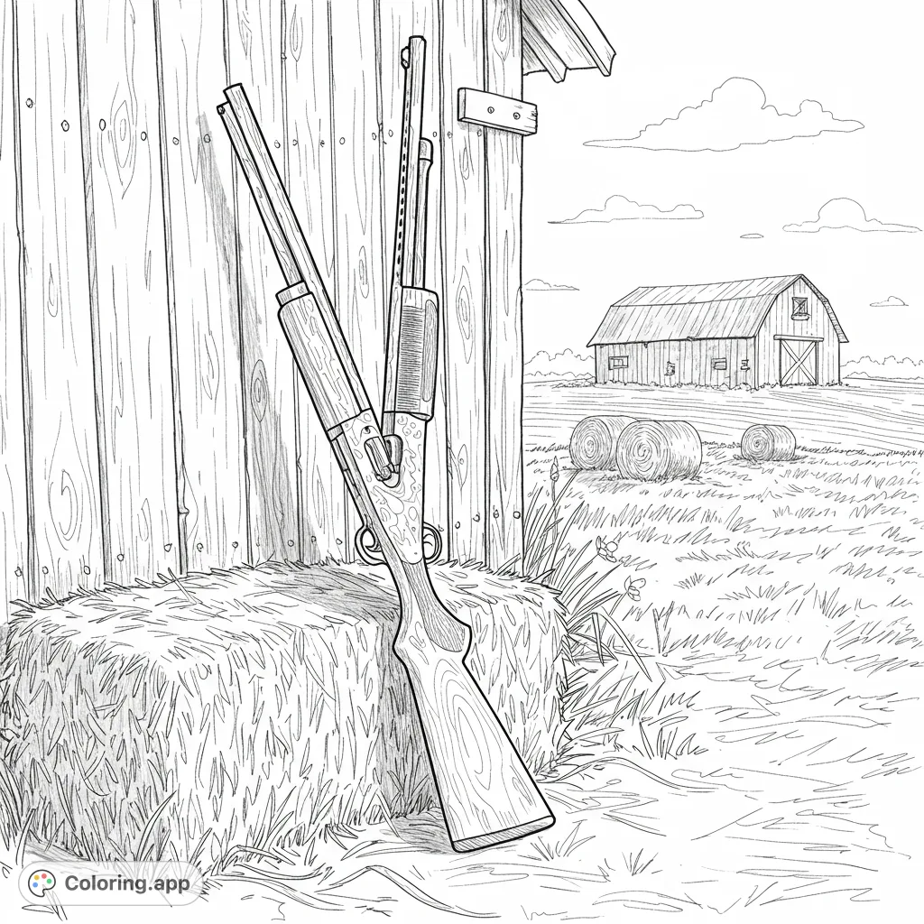 A rustic farm scene featuring two shotguns leaning on a hay bale against a barn wall, with a distant barn and fields. Perfect for country life enthusiasts.