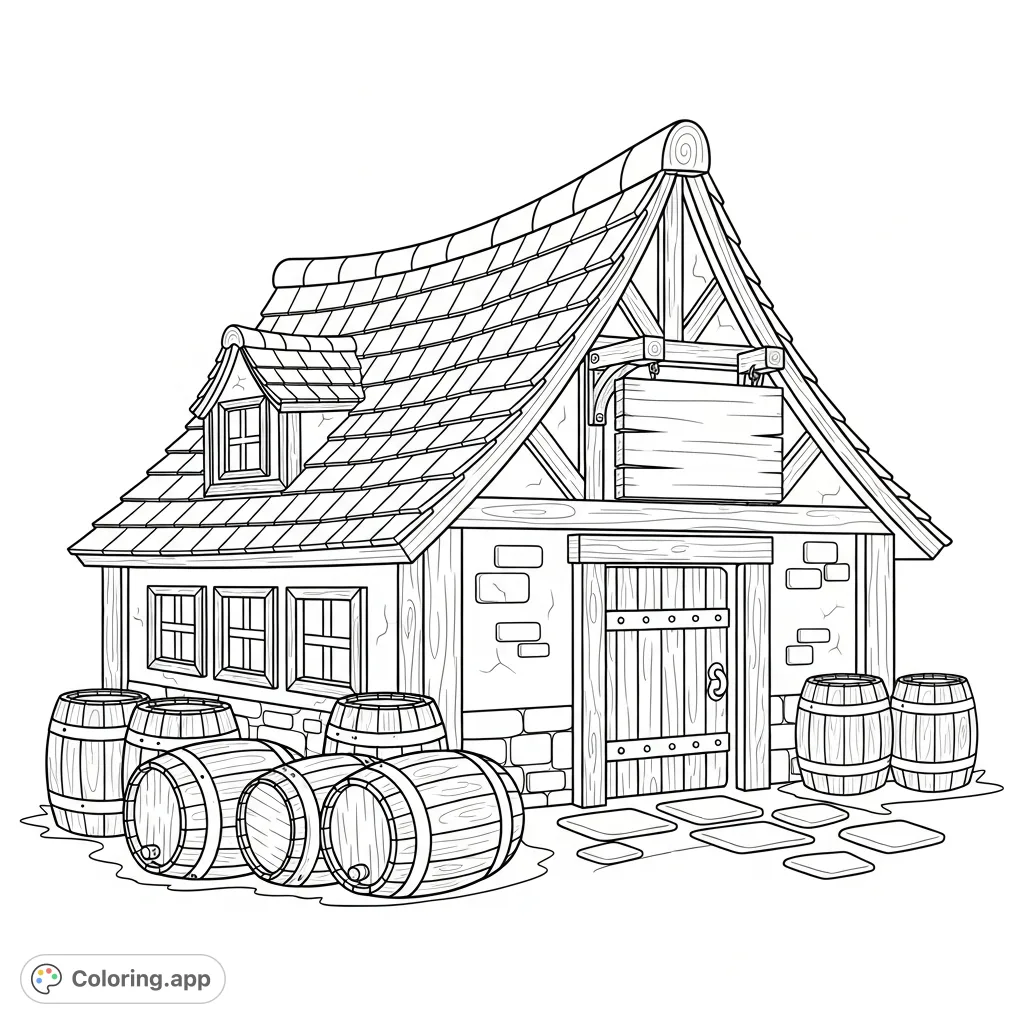 A charming tavern with a distinctive slanted roof and a hanging signboard, inviting discovery. Simplified barrels rest in the foreground, completing this rustic scene.