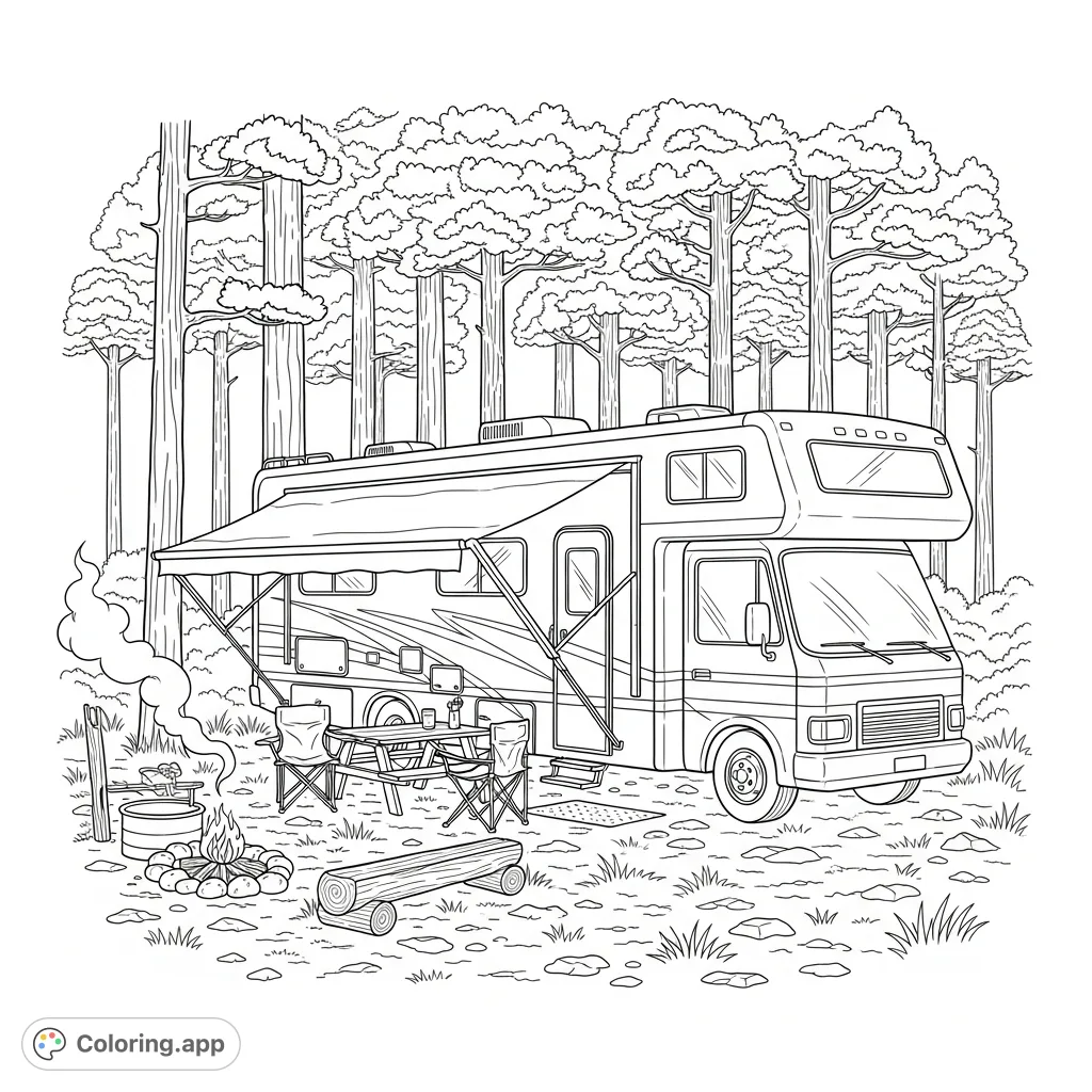 Explore a serene RV campsite scene with a parked RV, extended awning, campfire, and dense pine forest background. Perfect for relaxation and creative expression.