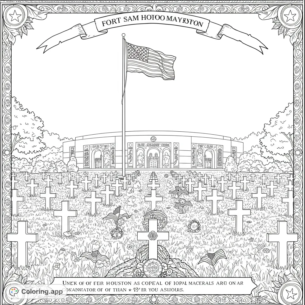 A solemn military cemetery with rows of crosses, a grand memorial building, and a waving flag, all framed by an ornate border.