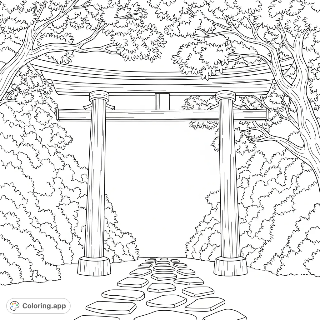 Color a traditional Japanese torii gate, framed by lush trees and leading stepping stones. A serene scene for cultural exploration and mindful coloring.
