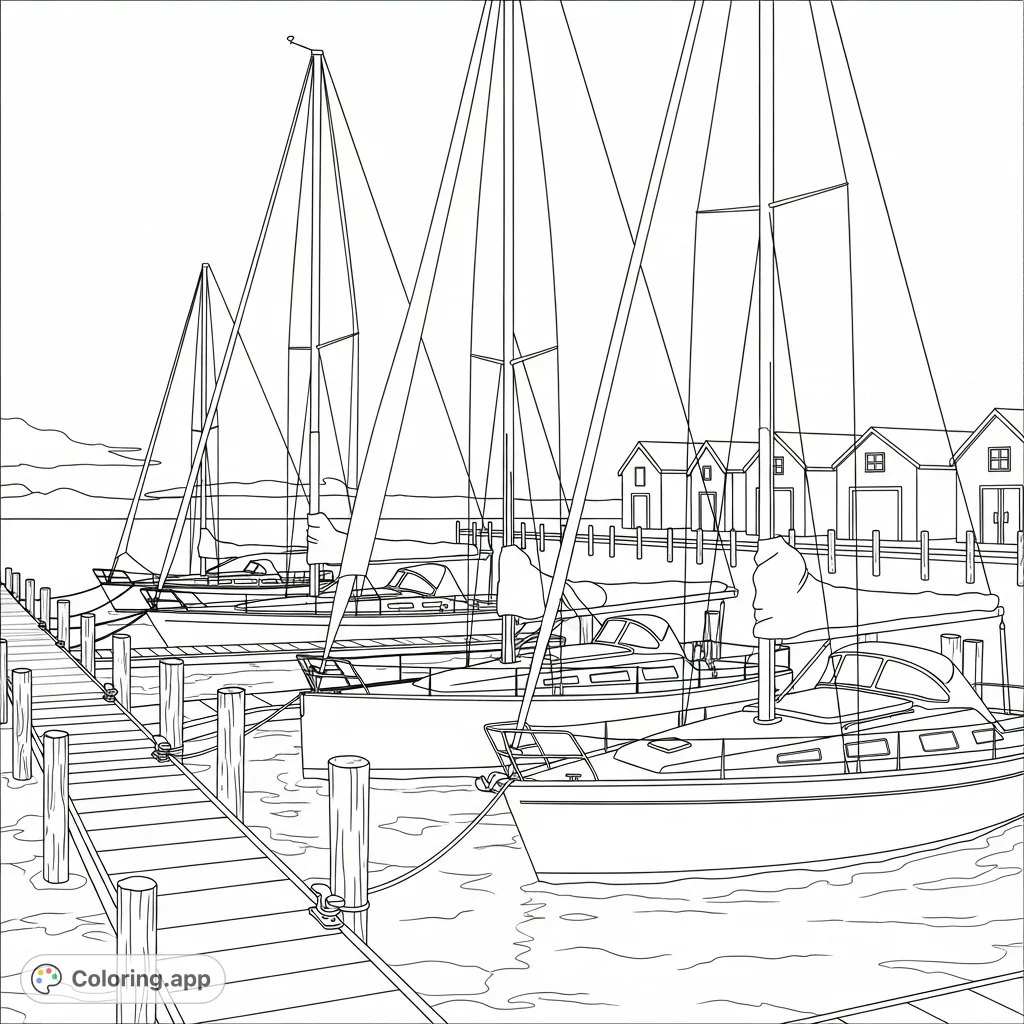 A tranquil marina scene with sailboats docked, featuring boathouses, rippling water, and a distant horizon for a peaceful coloring experience.