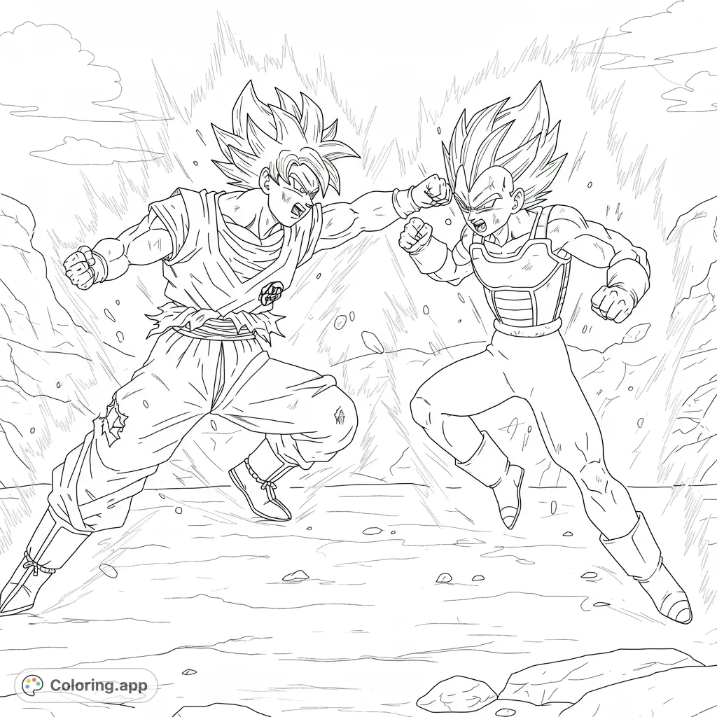 Experience an epic anime combat coloring page featuring two iconic warriors in a dynamic clash, surrounded by explosive energy and a rocky battleground.