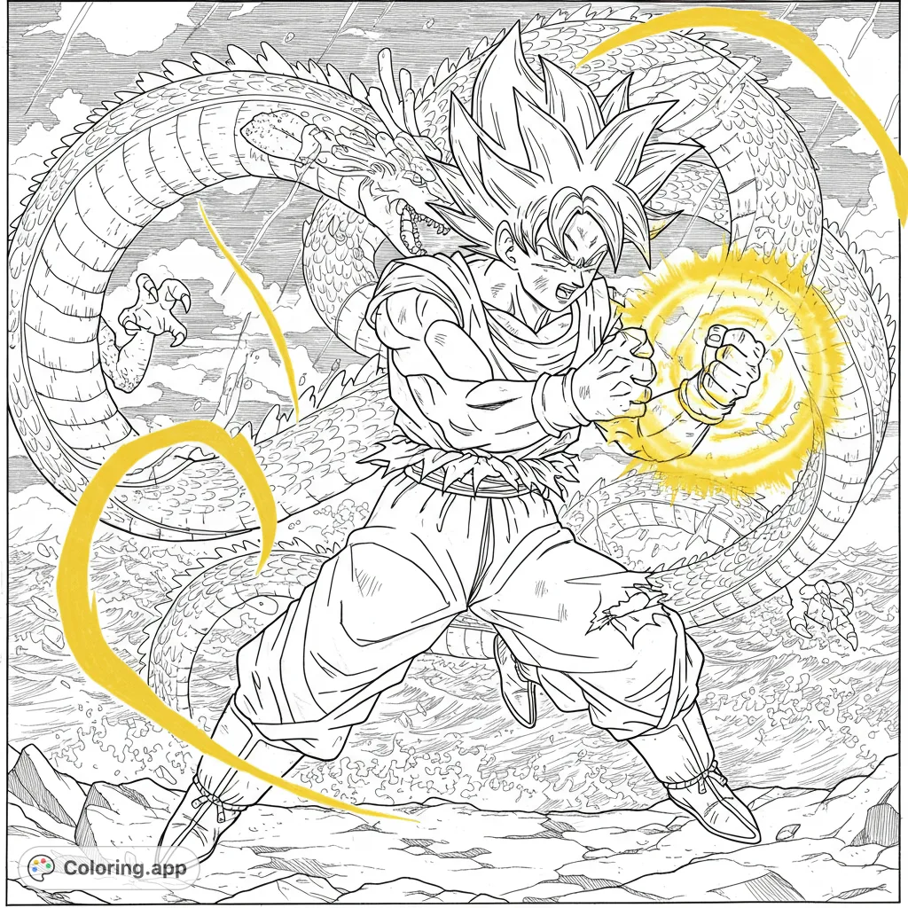 Dynamic anime hero powers up with a majestic dragon coiling behind him. An action-packed, free printable coloring page for fans of epic battles.