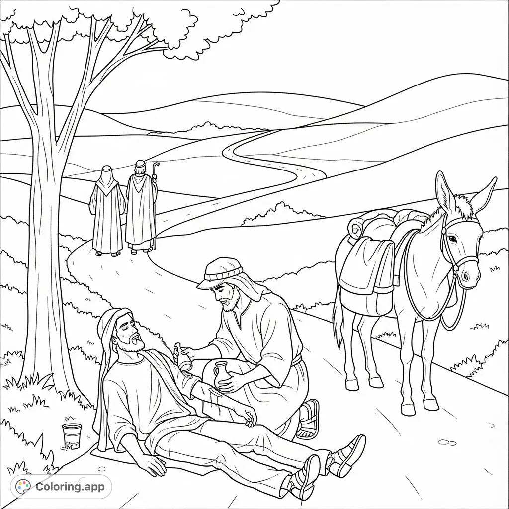 Witness a powerful scene of compassion as the Good Samaritan tends to a wounded traveler by a dusty road, with a donkey and distant figures.