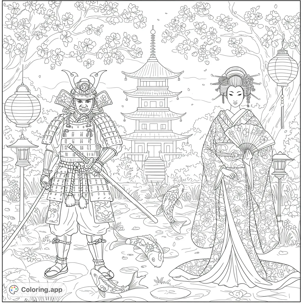Immerse yourself in a traditional Japanese garden with a noble samurai and elegant geisha amidst cherry blossoms, a pagoda, and koi fish. A free printable coloring page.