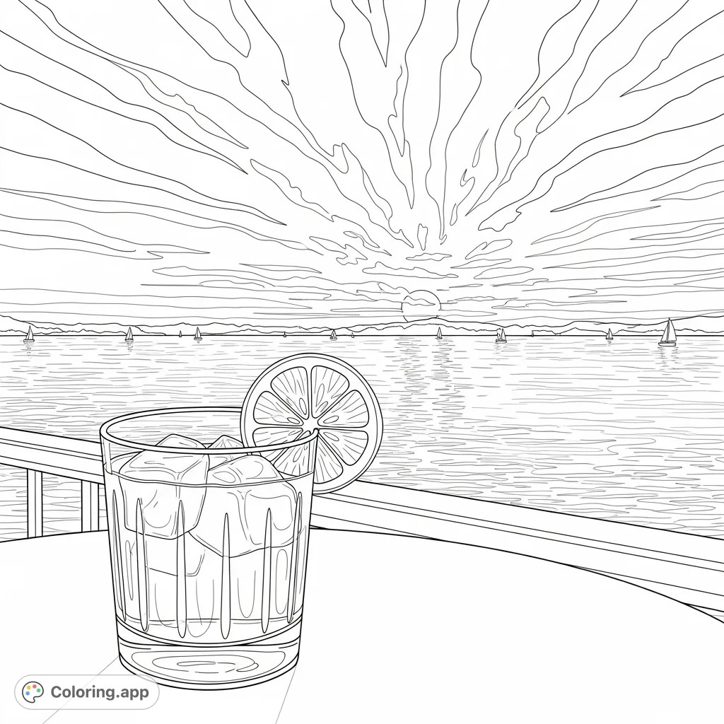 A detailed coloring page featuring a cocktail with a citrus garnish on a patio table, overlooking the iconic San Francisco Bay at sunset, with sailboats.