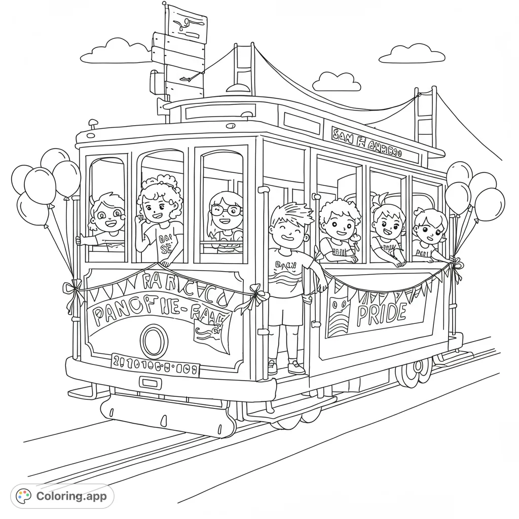 A joyful San Francisco cable car coloring page featuring happy children, balloons, and the iconic Golden Gate Bridge in the background. Perfect for kids!