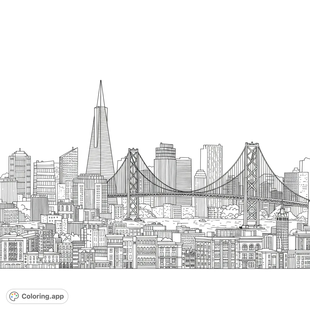 Explore a detailed San Francisco cityscape coloring page featuring the iconic Transamerica Pyramid, Bay Bridge, and bustling urban architecture. A free printable coloring page for all ages.