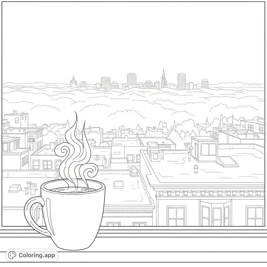 A steaming mug on a windowsill overlooks a dense San Francisco fog, creating a tranquil and mysterious urban scene perfect for adult coloring.