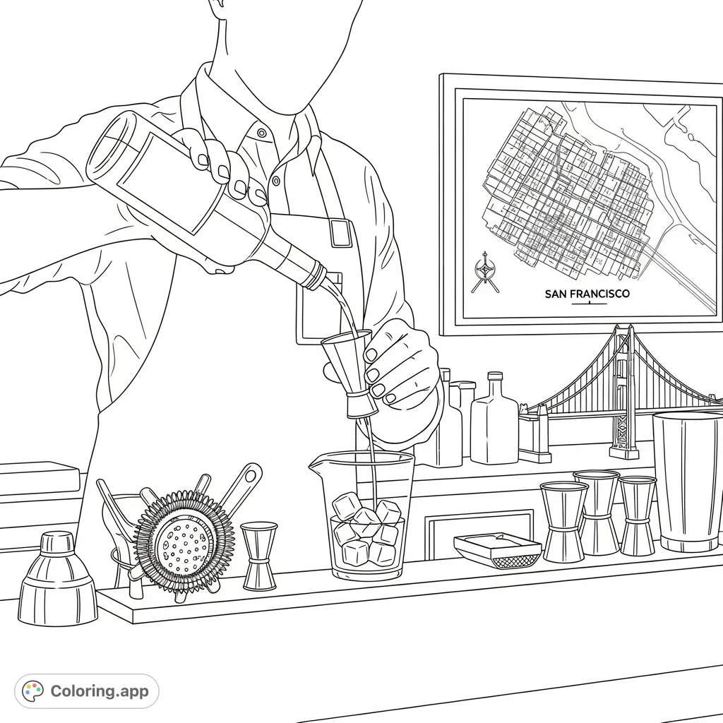 A detailed scene of a skilled bartender crafting cocktails behind a polished bar, with a San Francisco map and Golden Gate Bridge model in the background.