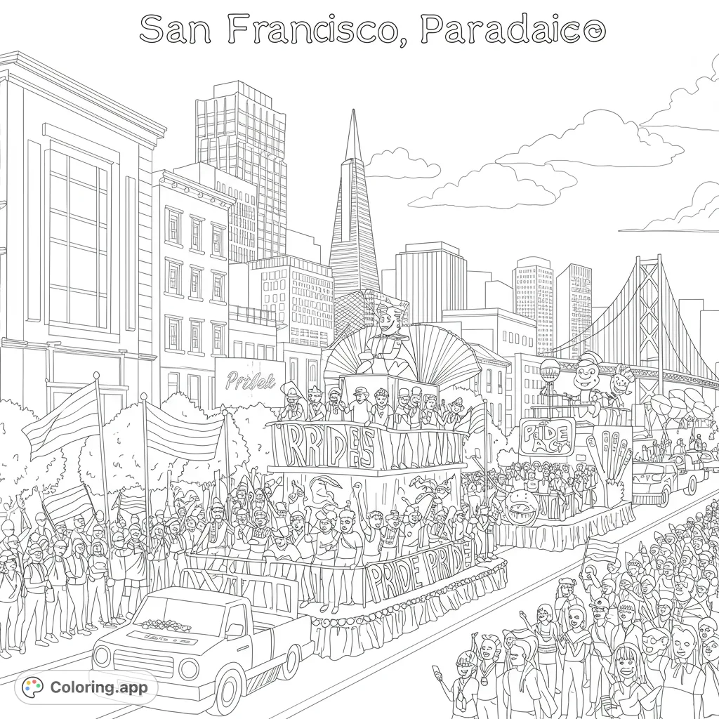 Celebrate diversity with this San Francisco Pride parade coloring page! A free printable coloring page featuring floats, crowds, and iconic city landmarks for all ages.