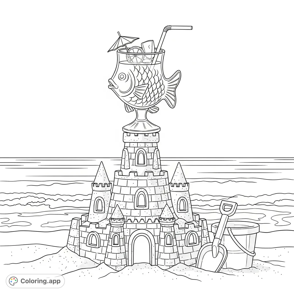 A delightful mocktail in a fish-shaped glass sits on a detailed sandcastle, with a shovel, pail, and ocean waves nearby. A perfect beach scene for coloring fun!