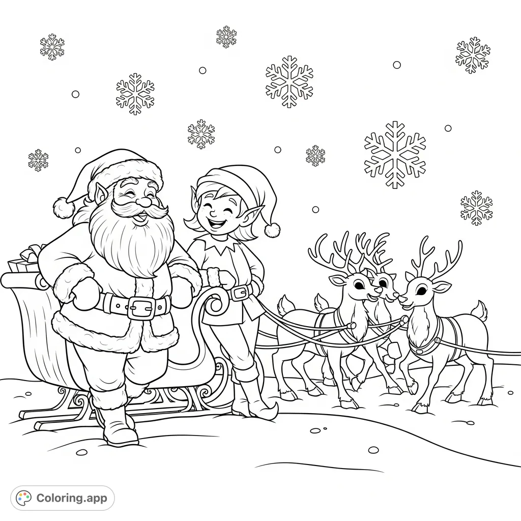 A heartwarming winter scene featuring Santa Claus and an elf laughing by their sleigh, while Rudolph and other reindeer playfully tussle in the snow. A joyful, festive coloring page.