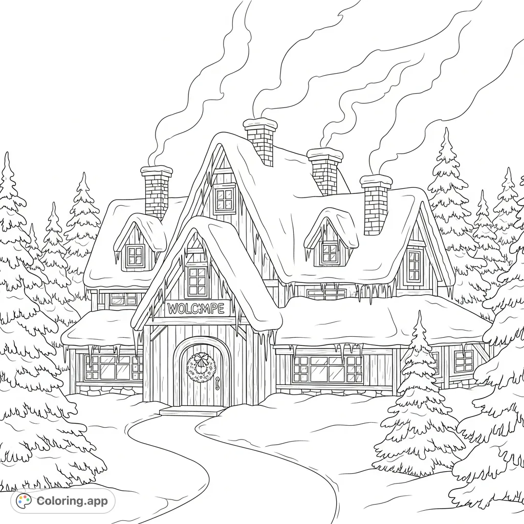 Explore a festive Santa's workshop nestled in a snowy Arctic landscape, complete with smoke curling from chimneys, icicles, snow-laden pines, and a welcoming wreath-adorned door.