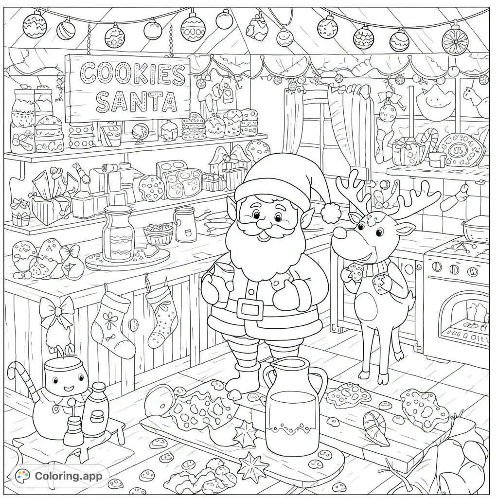A joyful Christmas scene with Santa and a reindeer baking cookies in a festive kitchen, filled with treats and holiday cheer. A delightful Christmas coloring page.