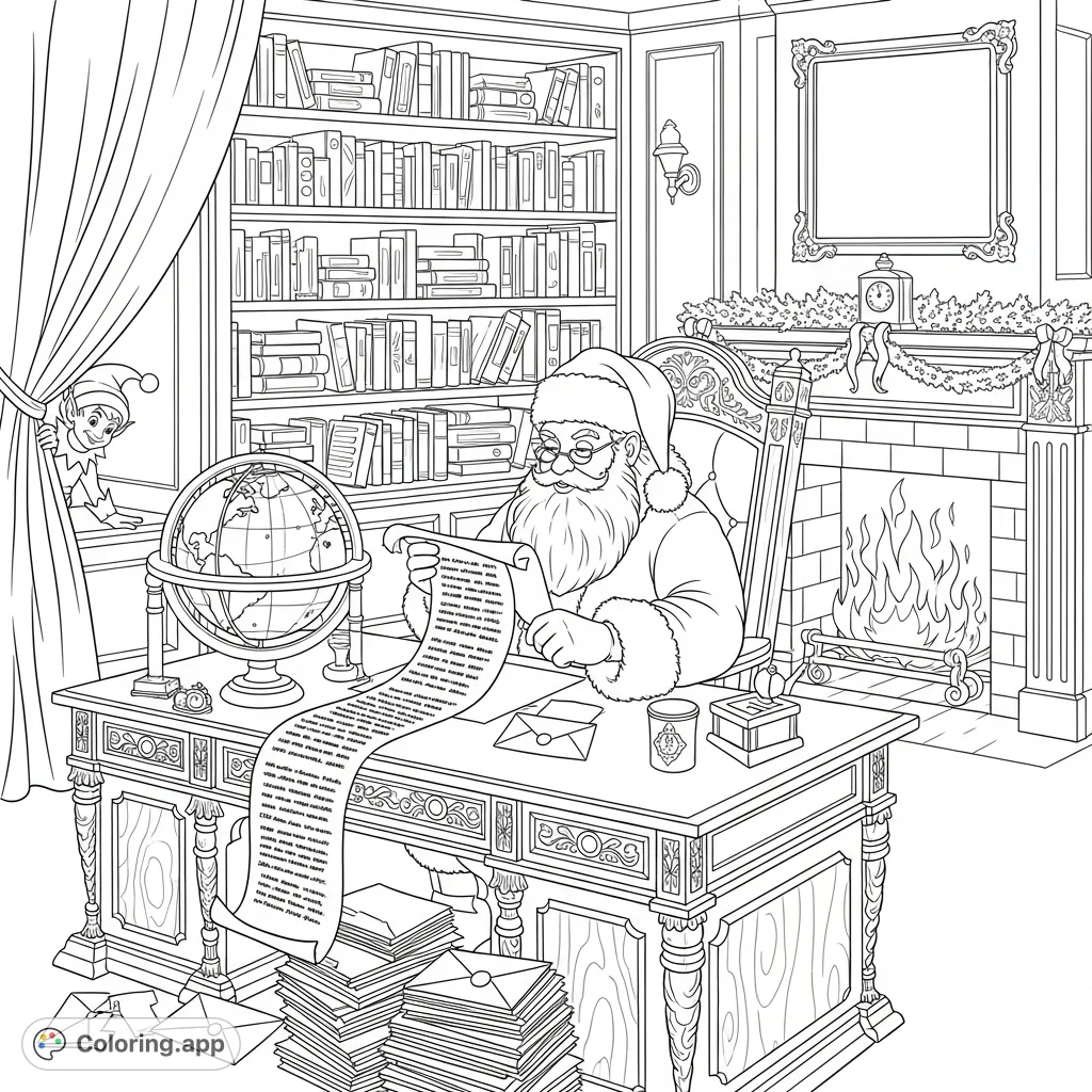 Experience the magic of Santa's detailed study. Santa pores over his scroll, surrounded by an ornate globe, towering book shelves, and a curious elf.