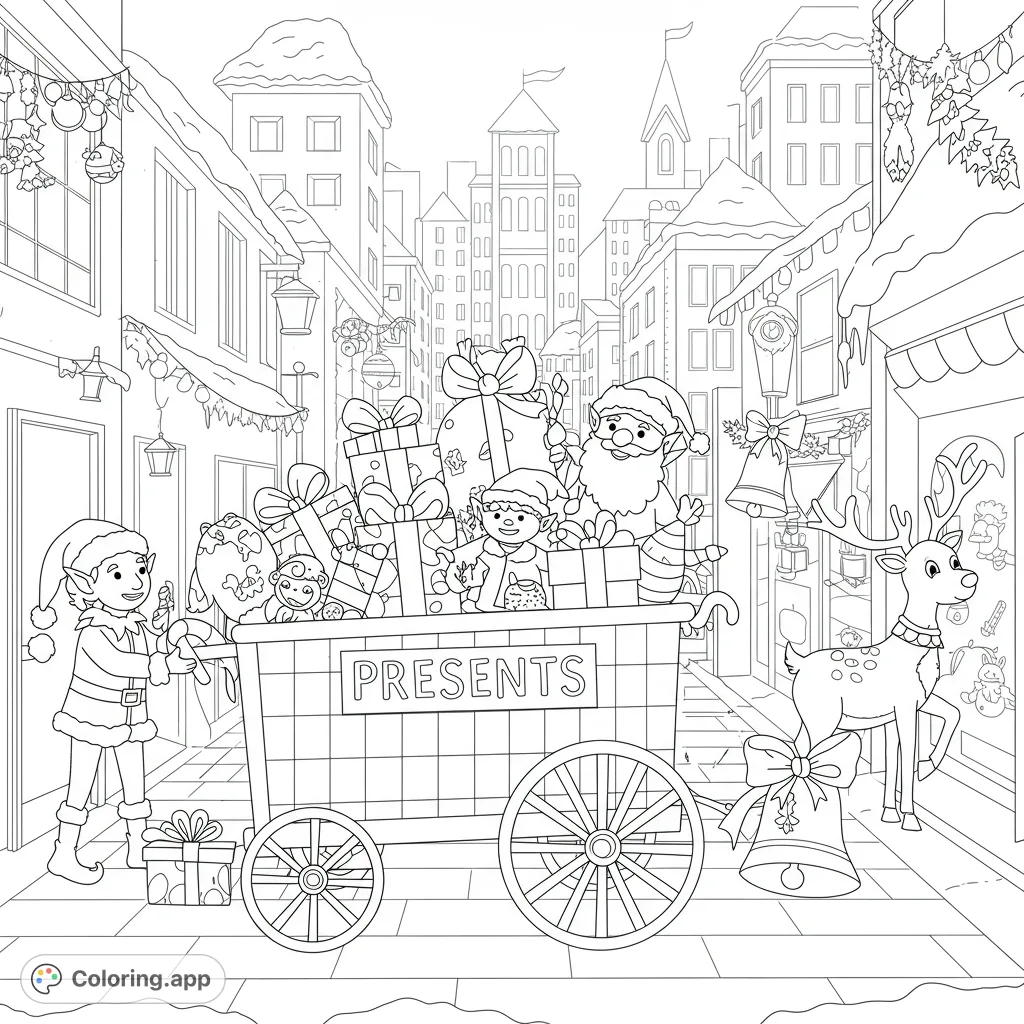 A festive Christmas coloring page featuring Santa, elves, and a reindeer delivering presents in a snowy town. A free printable Christmas coloring page for holiday fun!