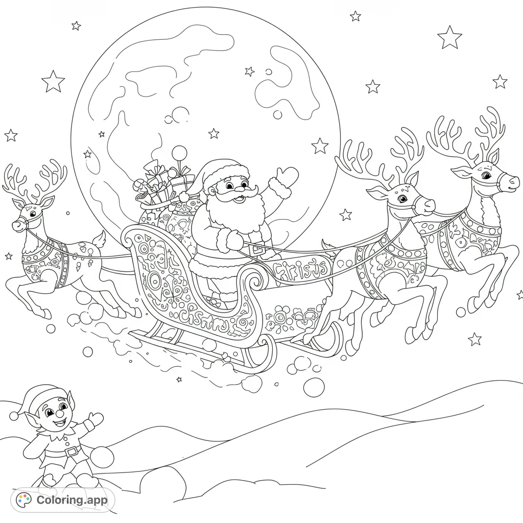 Santa Claus, his sleigh, and three reindeer soar past a full moon, while a cheerful elf waves from snowy hills below. A festive Christmas scene.