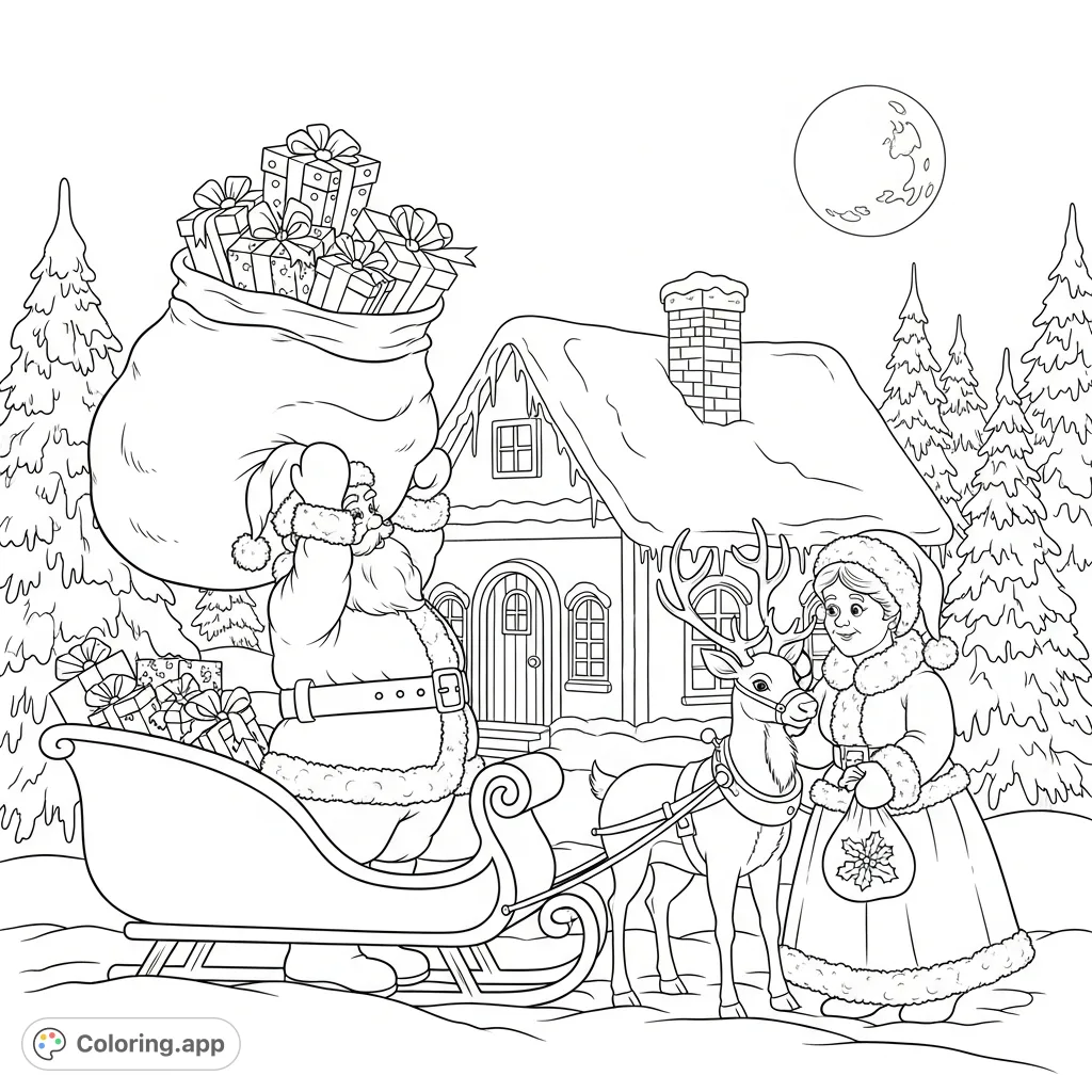Santa loads gifts onto his sleigh while Mrs. Claus tends a reindeer at their North Pole home, surrounded by snowy pines under a moonlit sky. A charming Christmas coloring page.