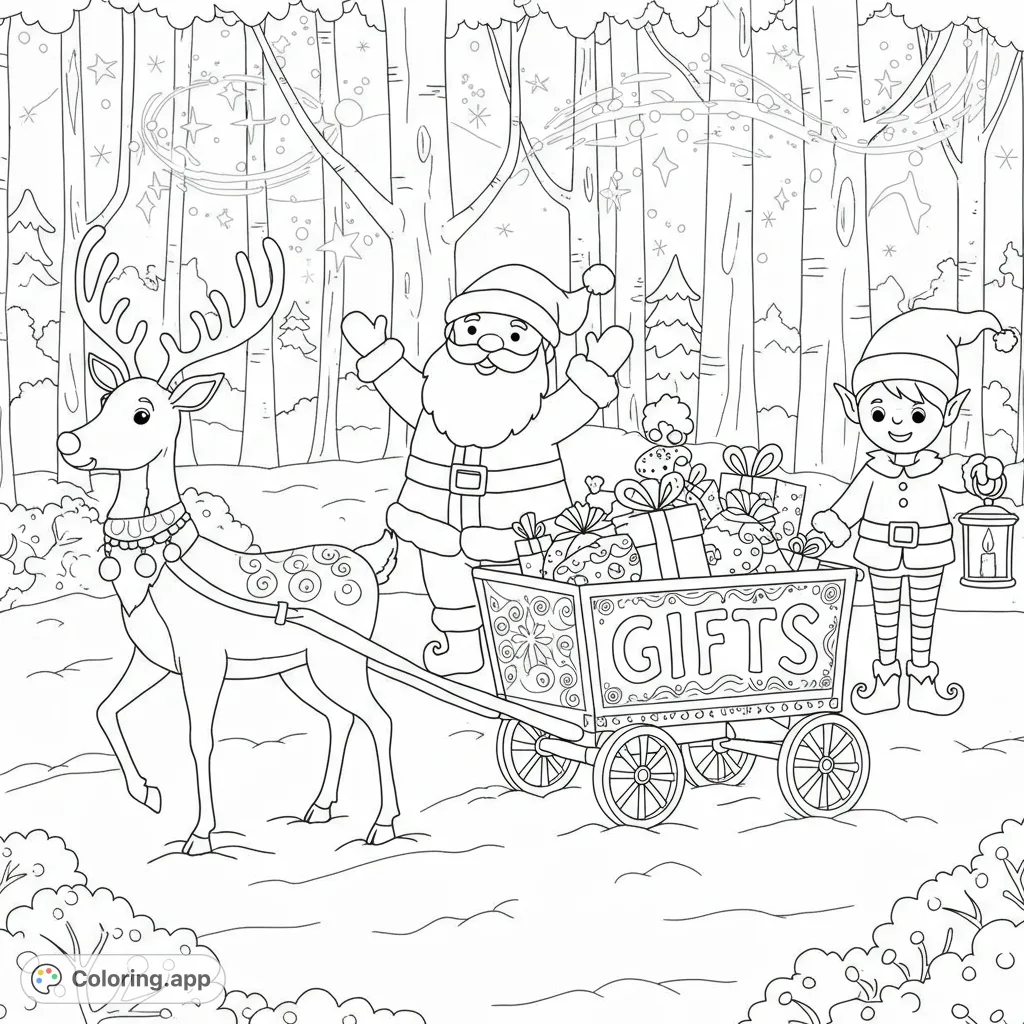 Join Santa, a reindeer, and an elf delivering gifts through a festive, snowy forest. A charming Christmas coloring page for holiday fun!