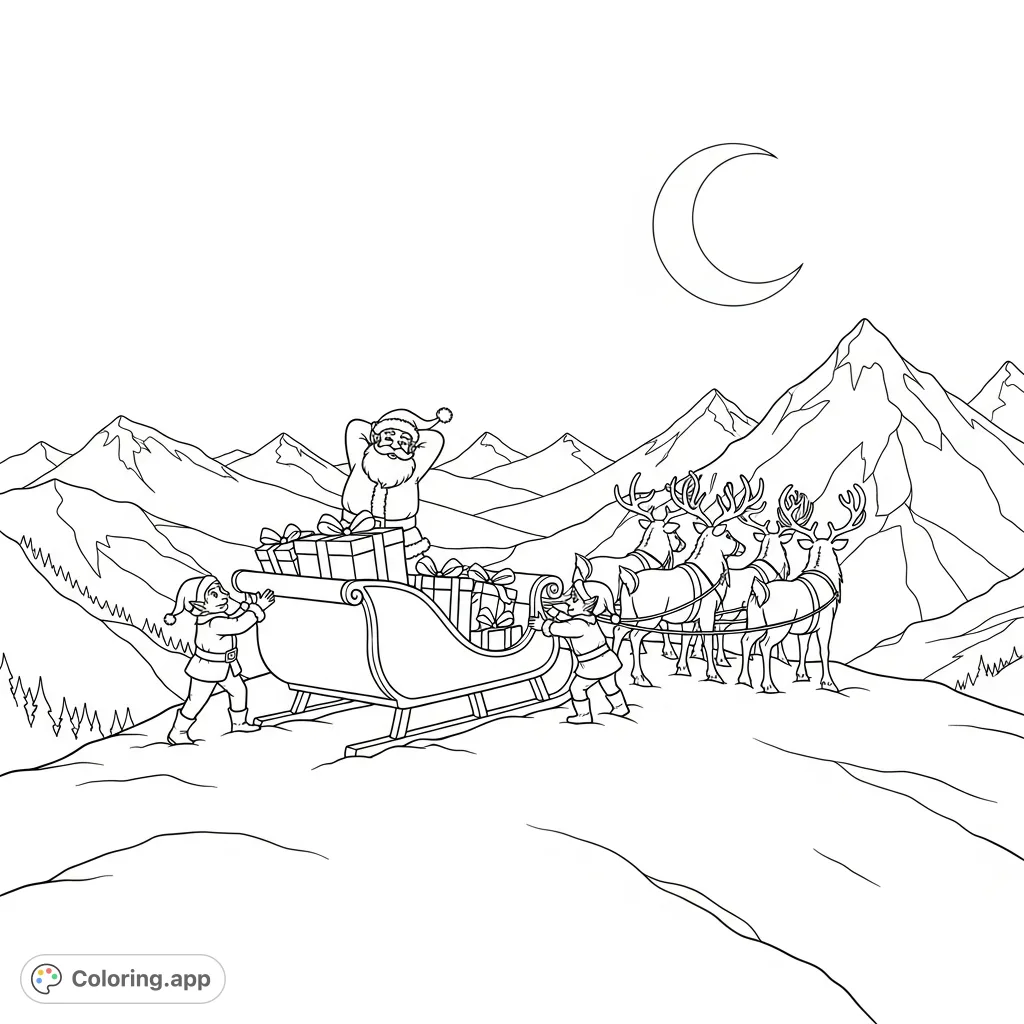 Join Santa, Rudolph, and elves on a snowy mountain peak as they load gifts onto the sleigh under a crescent moon. A magical Christmas adventure!