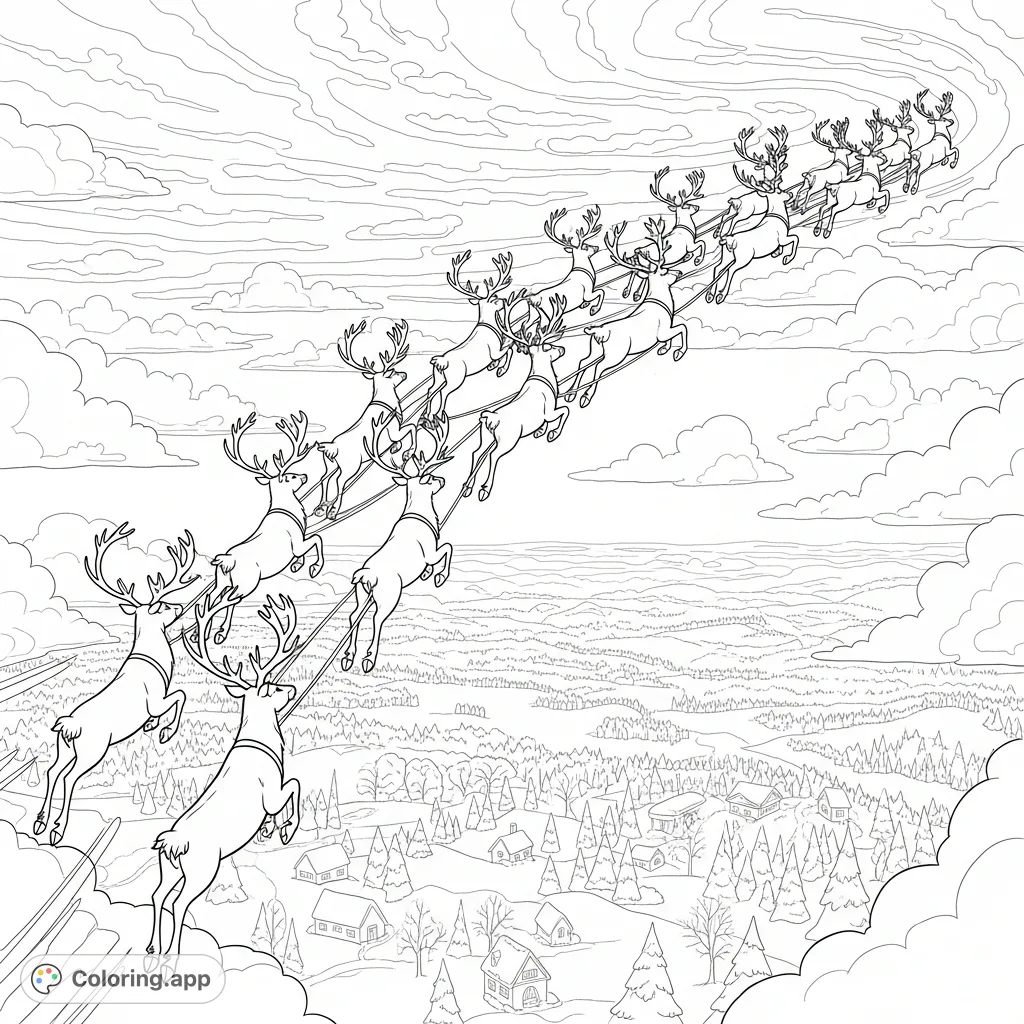 Soar with Santa's reindeer in a breathtaking aerial view, flying above a frosted forest. A magical reindeer coloring page, perfect for festive fun!