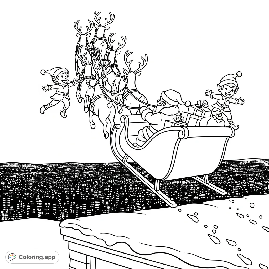 Experience the magic of Christmas Eve with this Santa's sleigh coloring page. Rudolph leads, elves cling to the sleigh, soaring over a twinkling city.