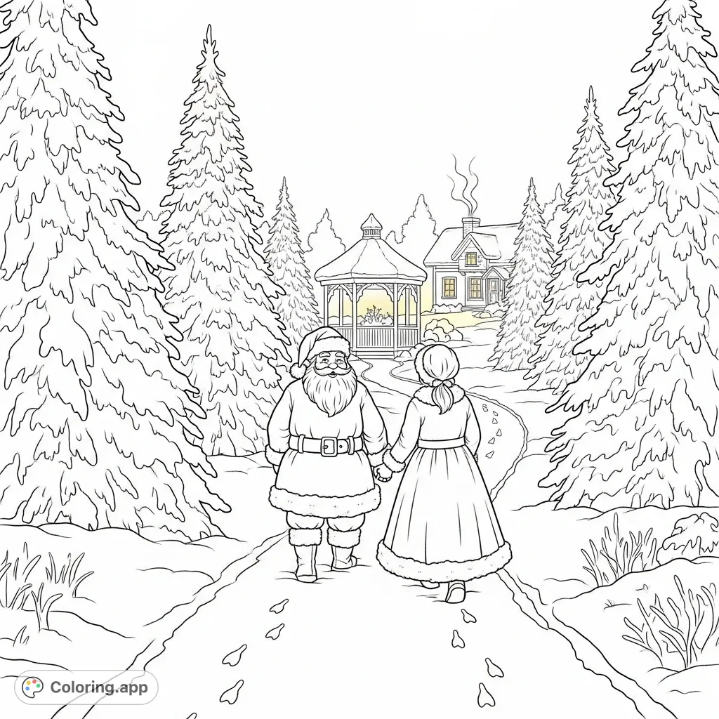 Join Santa and Mrs. Claus on a charming winter garden stroll! A delightful free printable coloring page perfect for holiday cheer and festive creativity.
