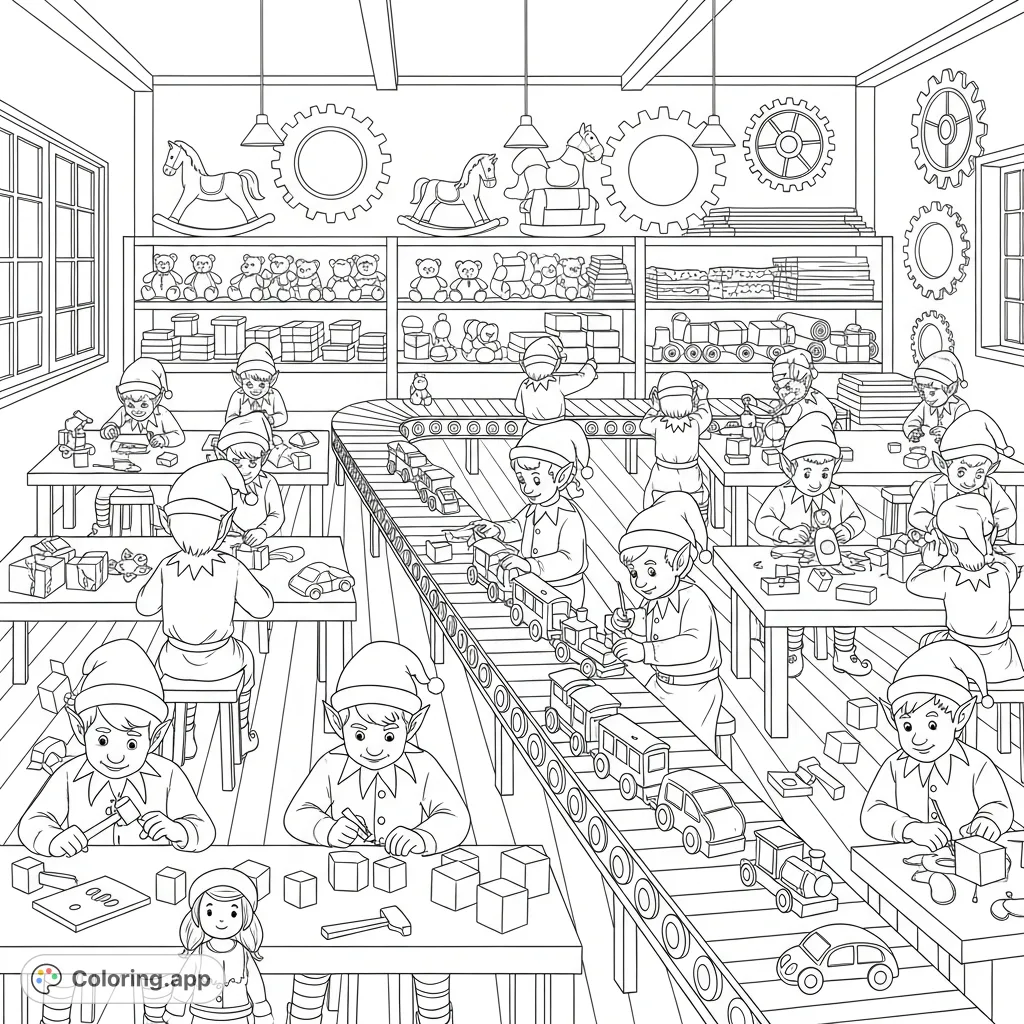 Explore Santa's workshop! Busy elves assemble toys on a conveyor belt amidst gears and stacks of materials. A detailed holiday scene for festive coloring fun.