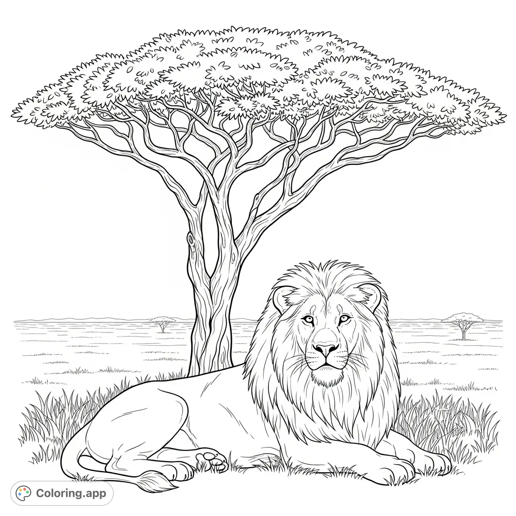 A majestic lion rests peacefully under a towering acacia tree in the vast savanna. Its textured mane and gnarled tree trunk offer intricate details.
