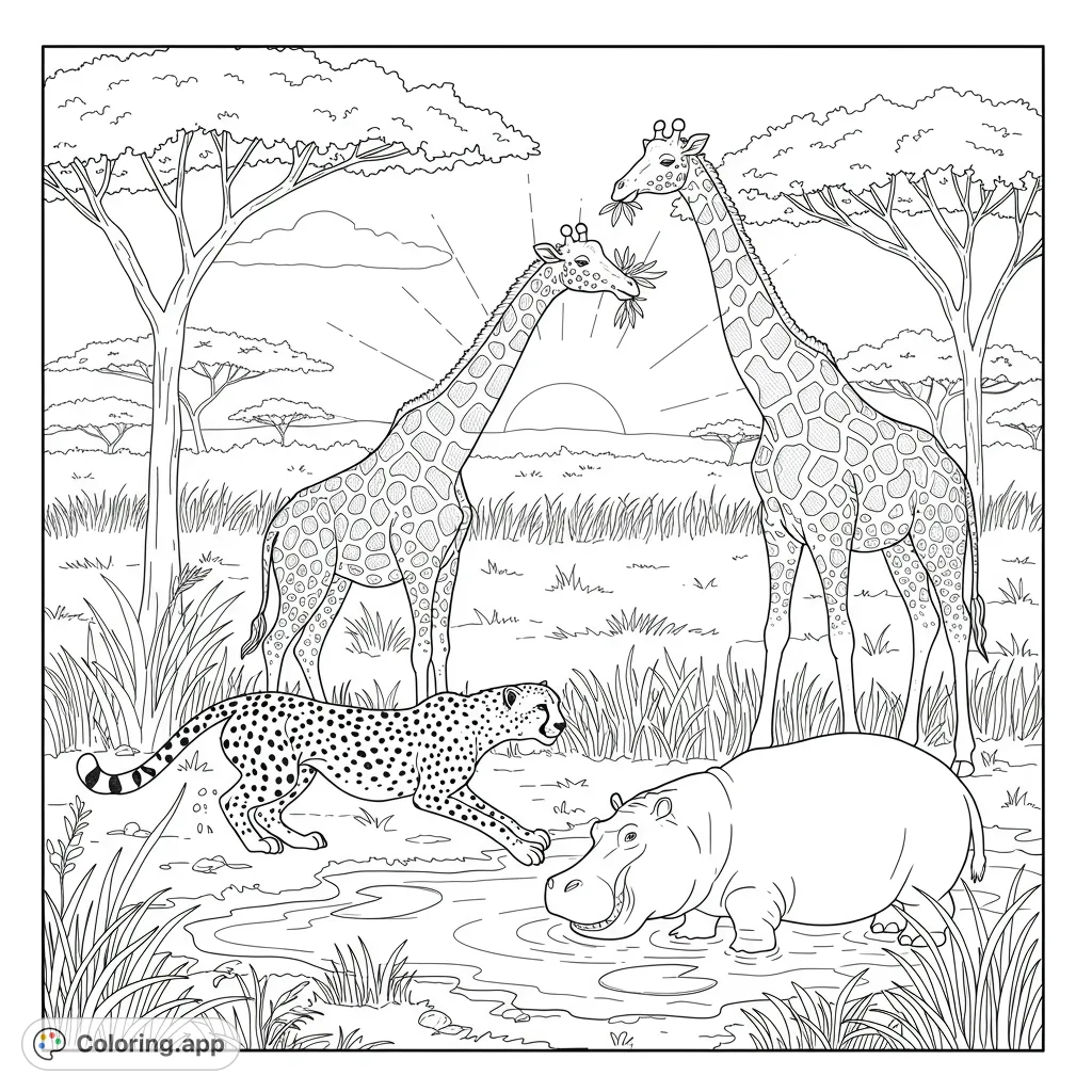 Explore the African savanna with giraffes, a cheetah, and a hippo at sunset. A free printable safari coloring page for all ages.