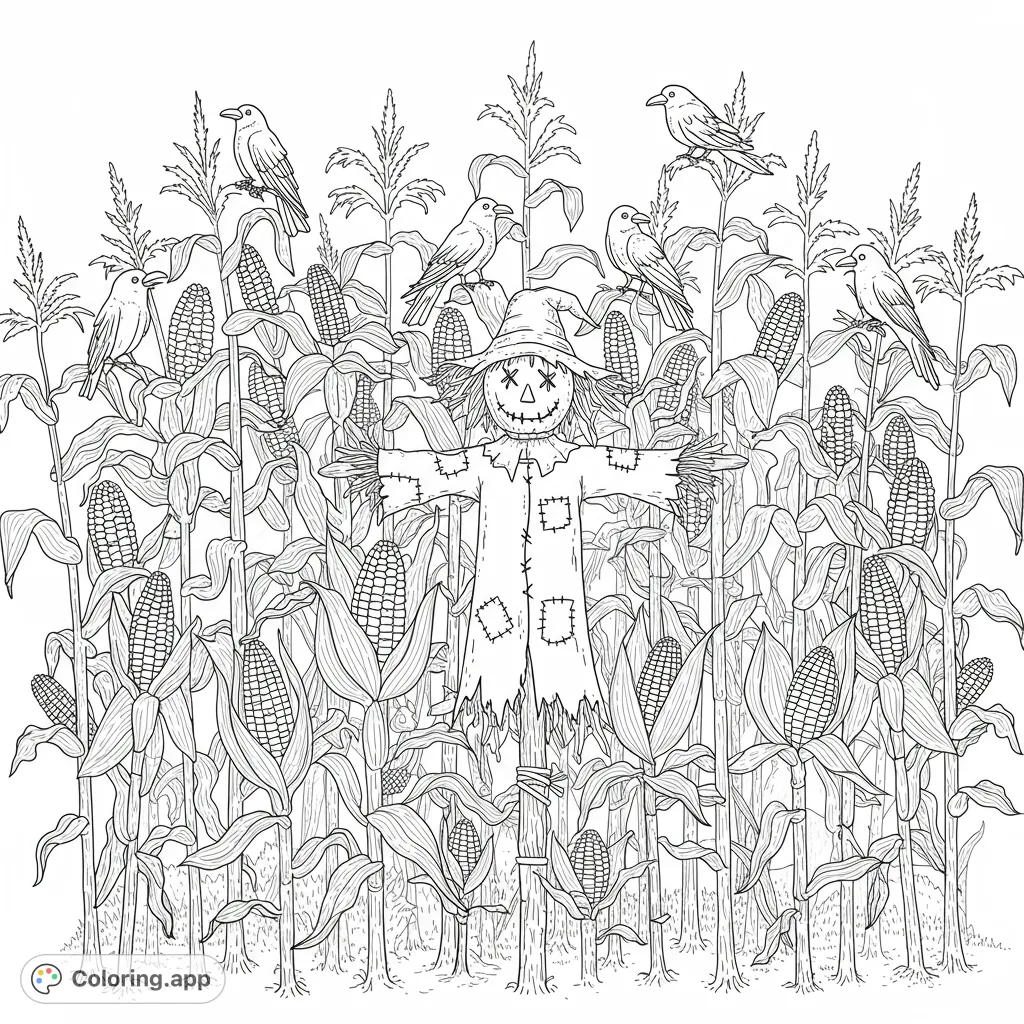A charming scarecrow stands amidst a bountiful cornfield, surrounded by perched birds, perfect for an autumn harvest coloring page.
