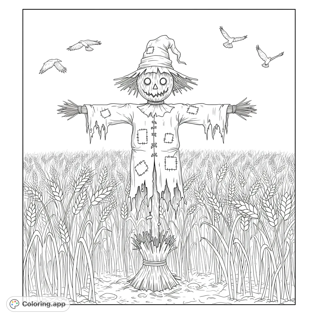 A charming scarecrow stands in a golden wheat field, watched by flying crows. A delightful autumn-themed free printable coloring page for all ages.