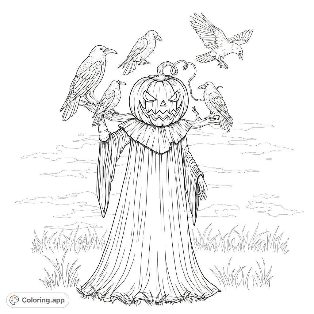 A spooky Halloween scarecrow coloring page featuring a jack-o'-lantern head and several crows, perfect for autumn fun and creative expression.