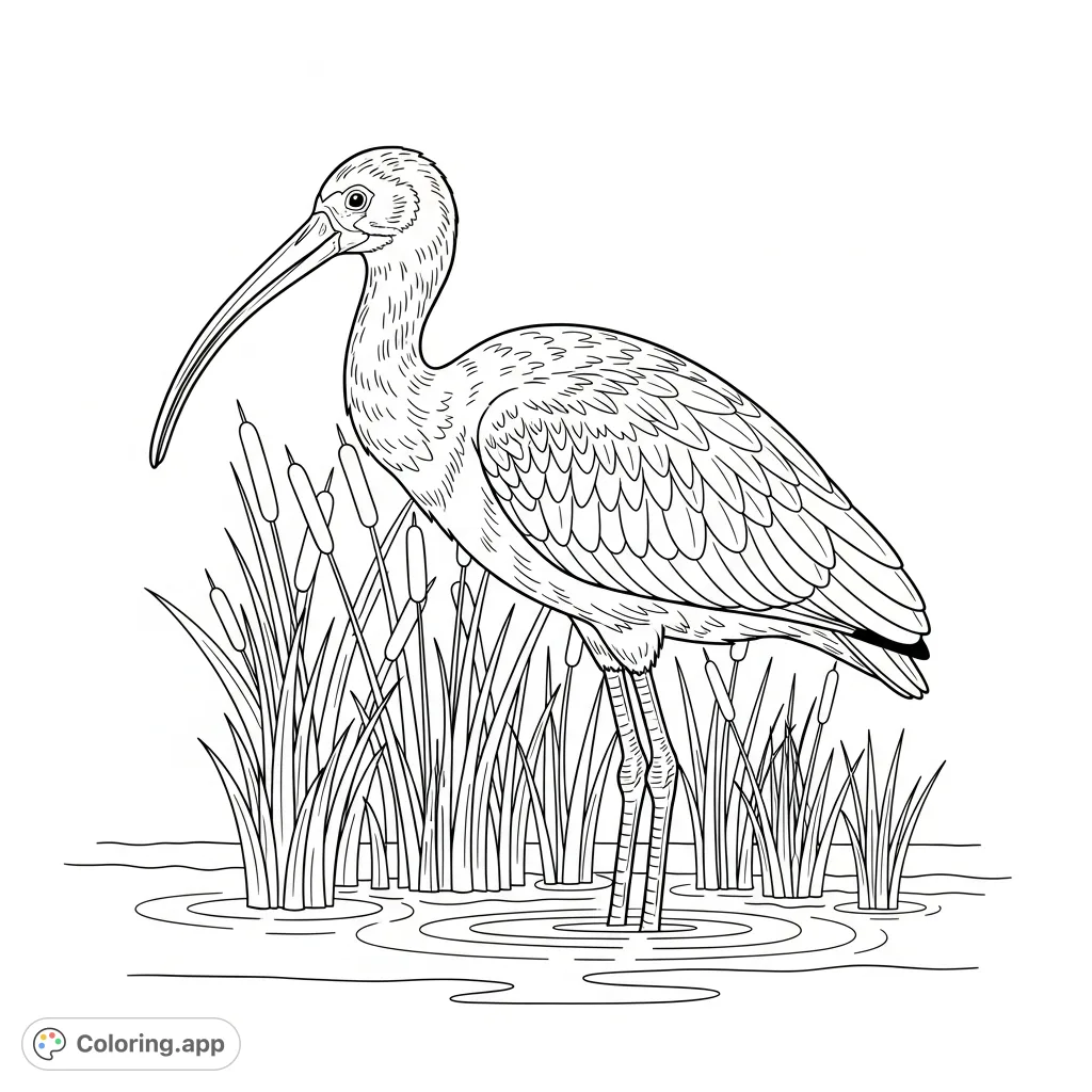 A detailed coloring page featuring a majestic scarlet ibis standing gracefully amidst tall wetland reeds, with subtle water ripples. Perfect for nature lovers!