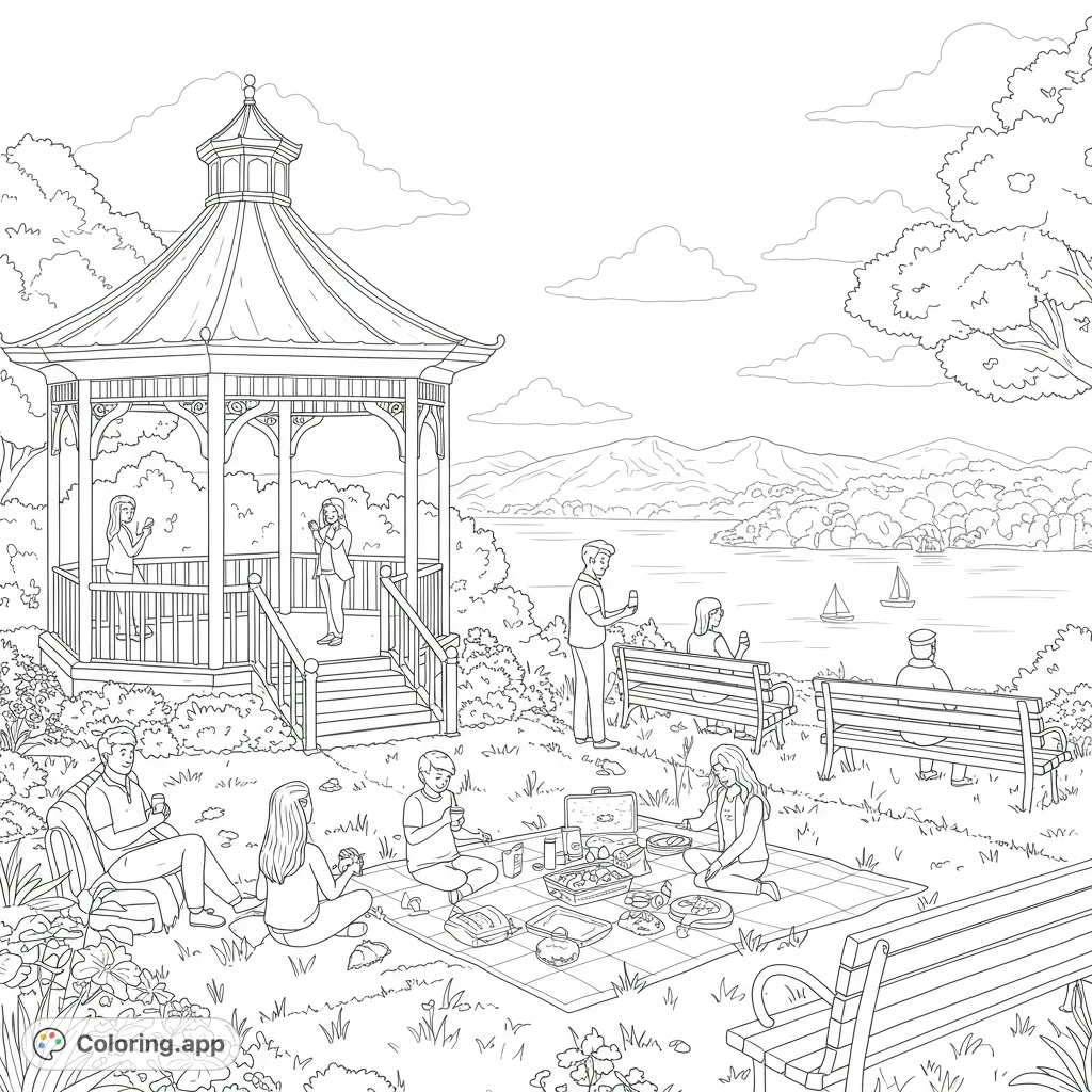 A delightful park scene featuring a picnic, a grand gazebo, and people enjoying a serene lakeside view with distant mountains. Perfect for a relaxing coloring experience.