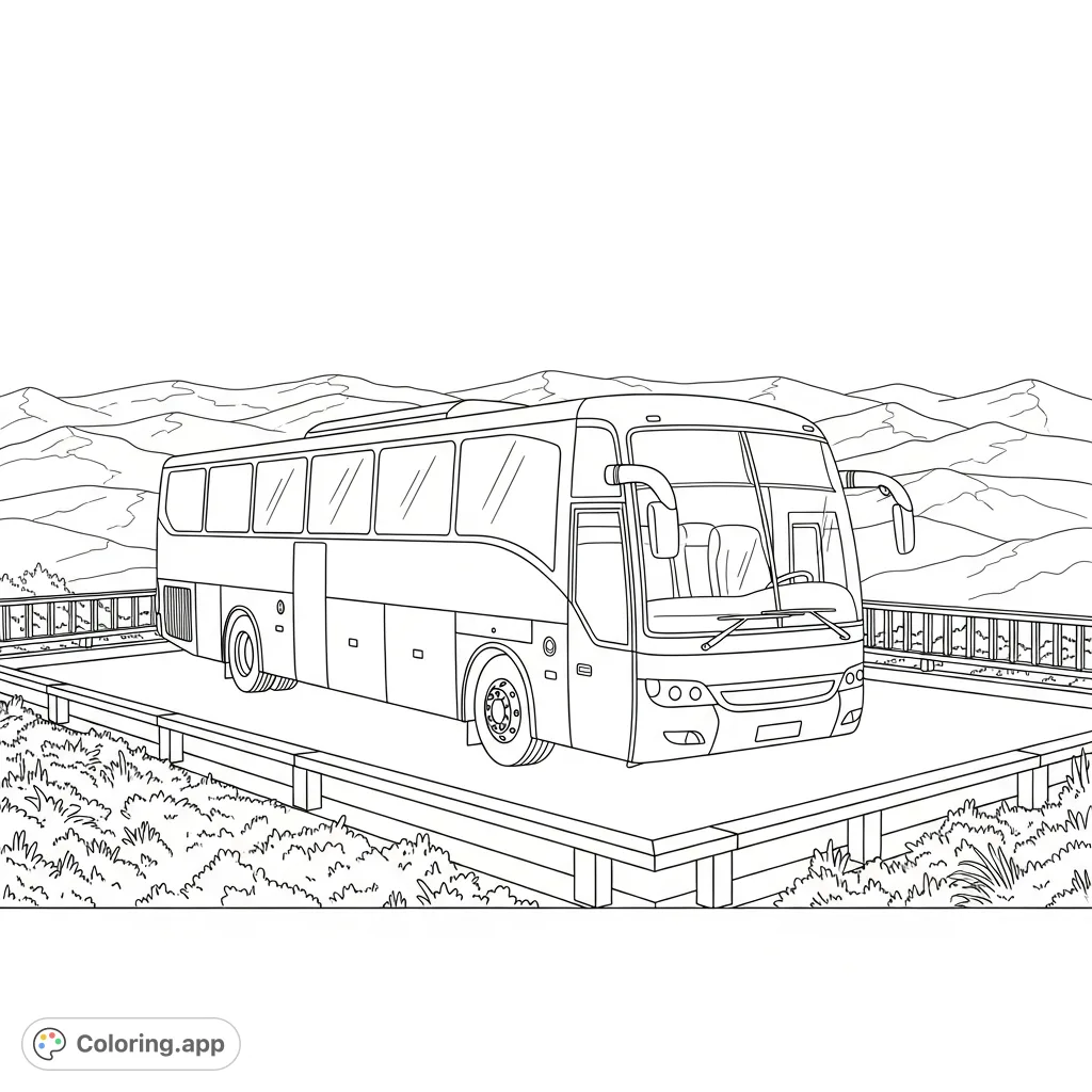 A detailed tour bus rests at a scenic viewpoint, offering expansive views of simplified mountains and a distant horizon. Perfect for travel enthusiasts.