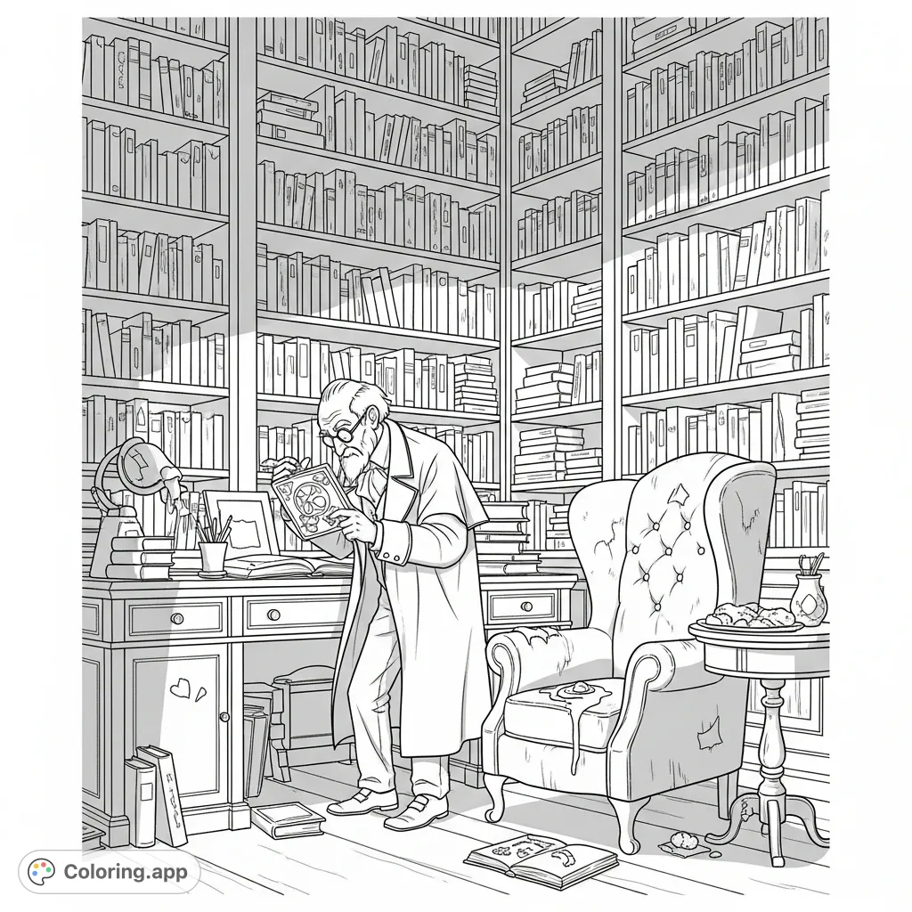 An elderly gentleman in an intricately detailed study, surrounded by floor-to-ceiling books and fascinating artifacts, examines a mysterious antique object.