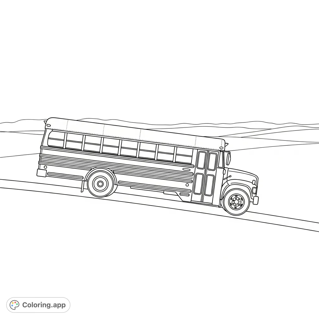 Color a classic school bus ascending a gentle hill with a minimalist countryside horizon. Perfect for young colorists or quick, relaxing sessions.
